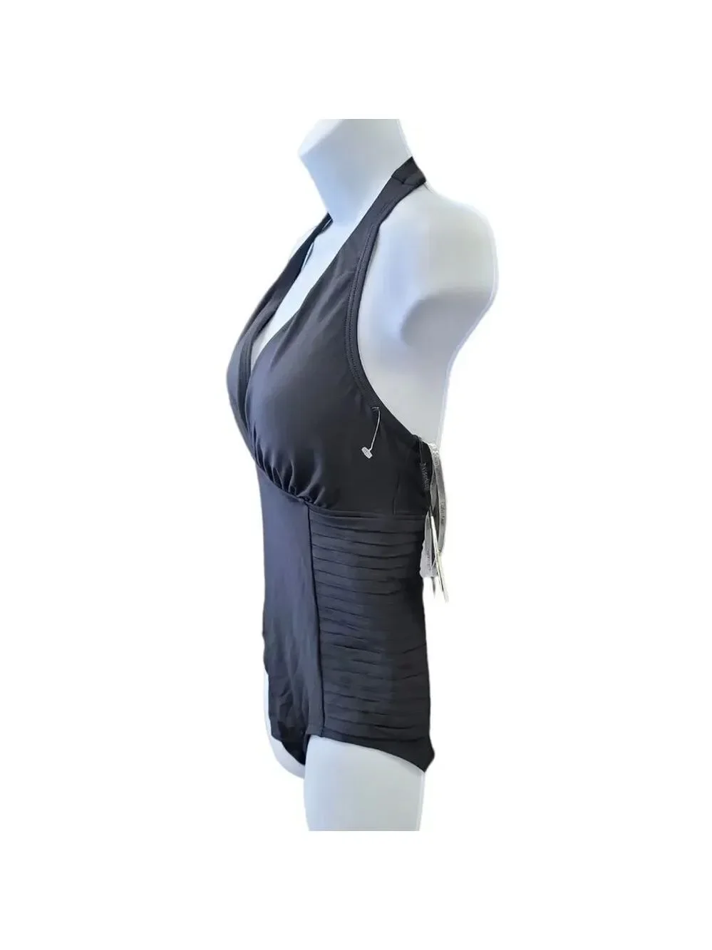 CALVIN Klein Women's Halter Top Pleated One Piece Swimsuit with Removable Cups
